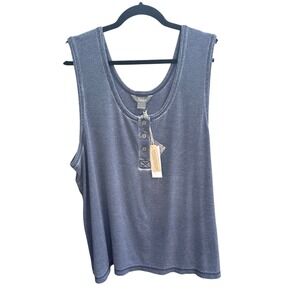 Natural‎ Reflections Womens Black Iris Henley Tank Top Ribbed Sleeveless 2X New